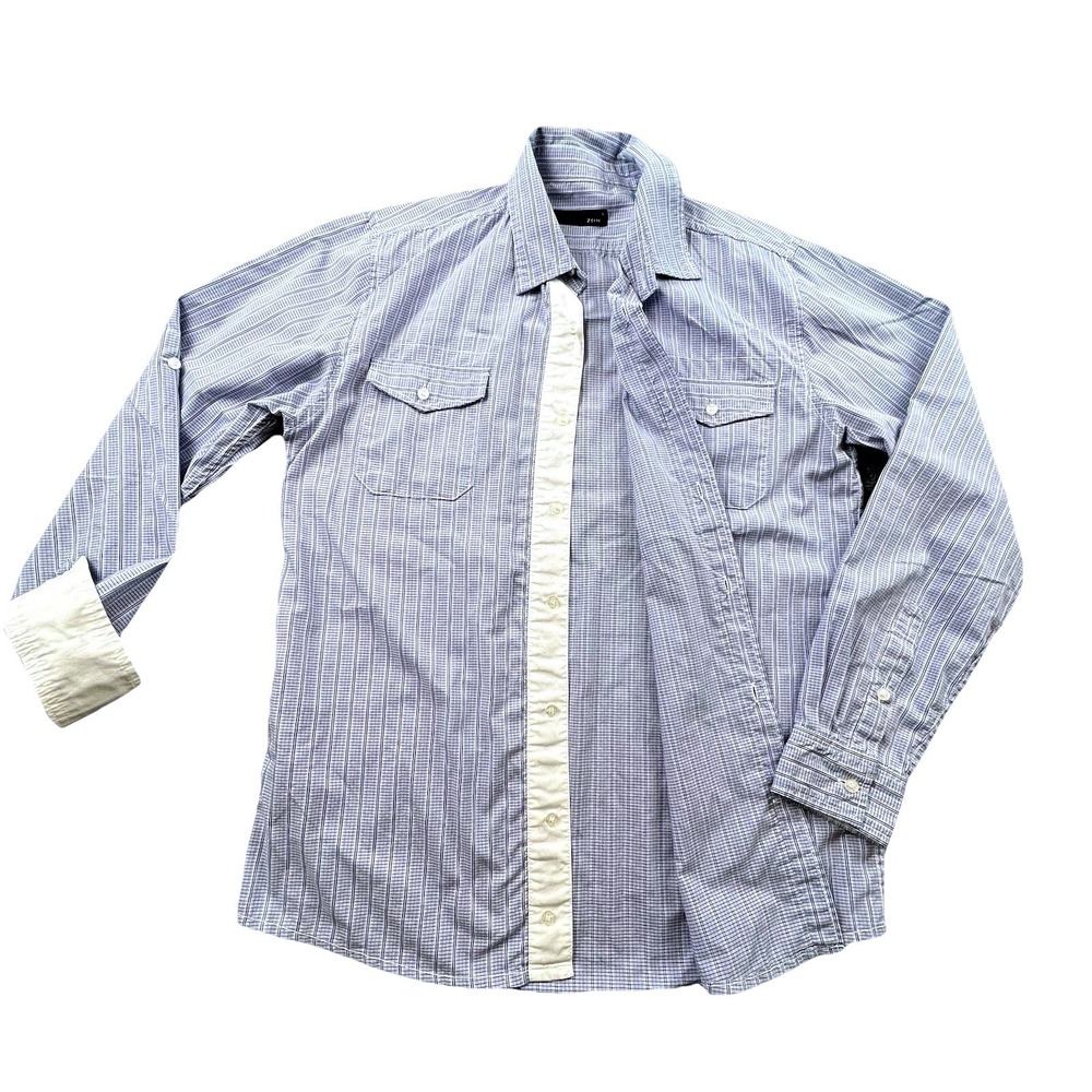 VTG Zein Mens L Blue White‎ Plaid Striped Button Up Shirt Roll Tab Sleeves 2 Pkt